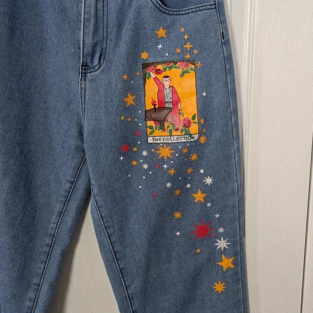 Artsy Tarot Card Graphic Retro Style Whimsigoth Painted Denim Jeans Size Large